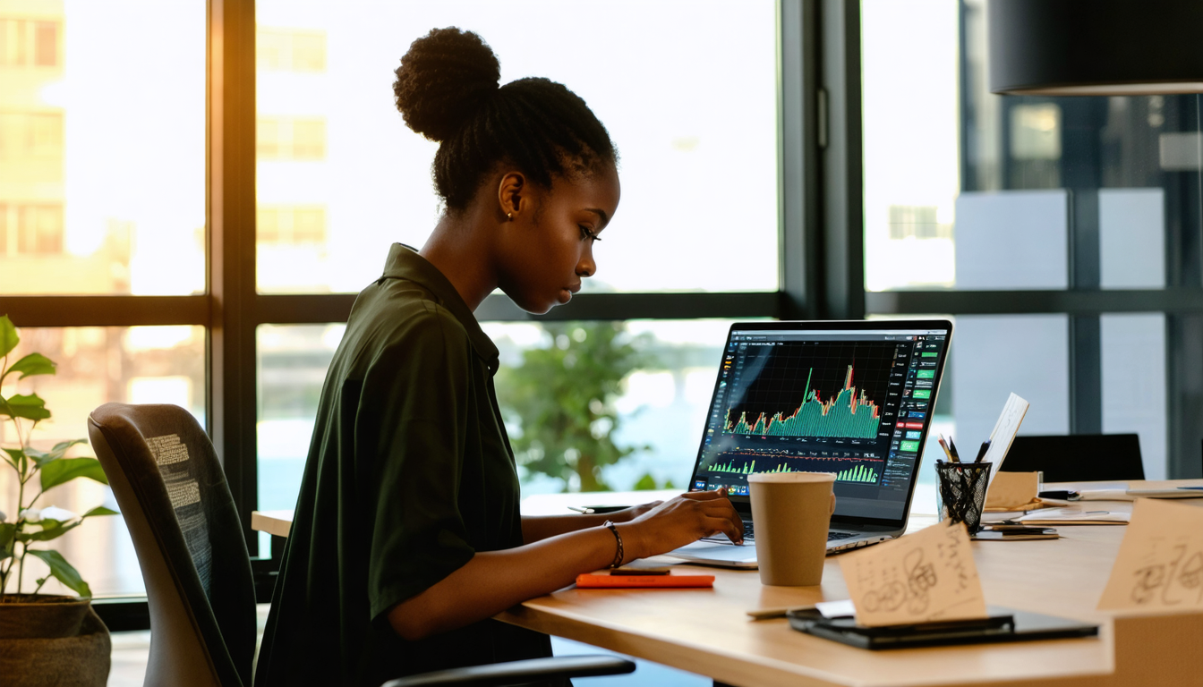 Woman reviewing FX charts on laptop in Lagos office, late afternoon light, concerned expression