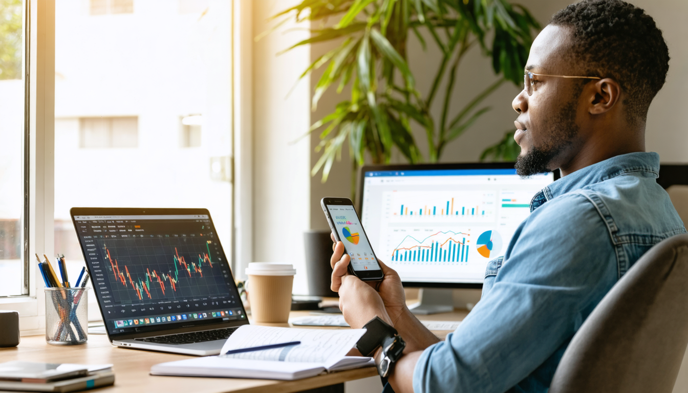 Freelancer reviewing currency rates on phone at desk in Lagos co-working space