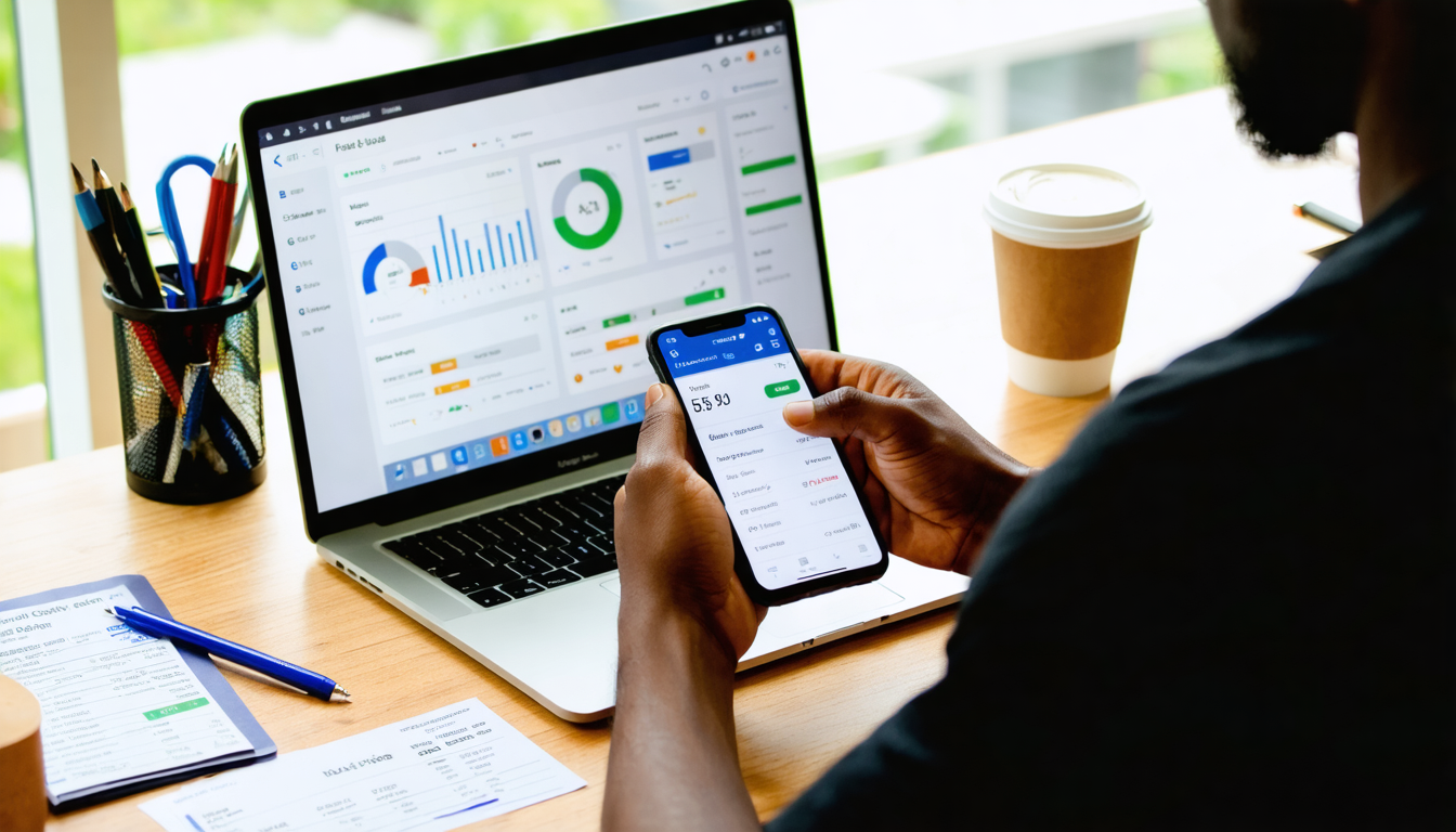 Freelancer at desk comparing currency conversion rates on phone and laptop in Lagos office