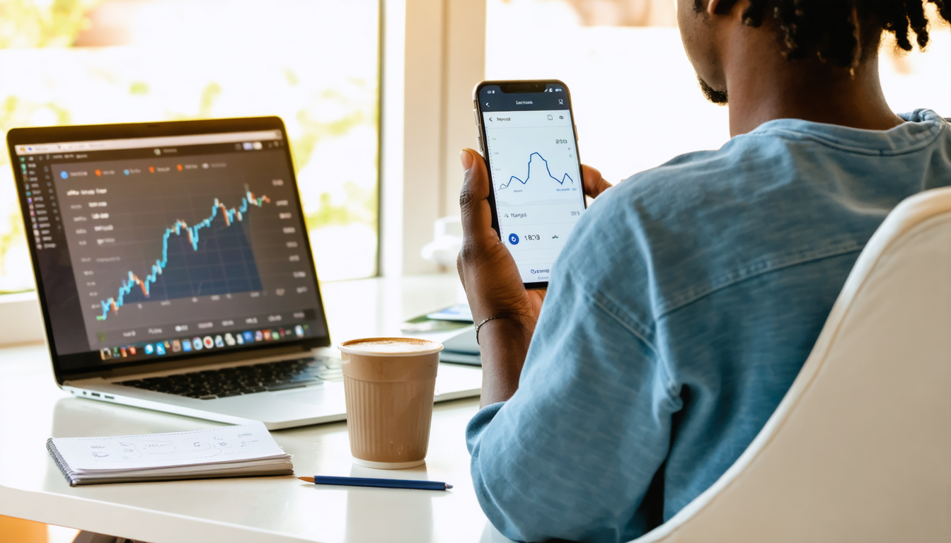 Freelancer reviewing exchange rates on phone at desk in afternoon light