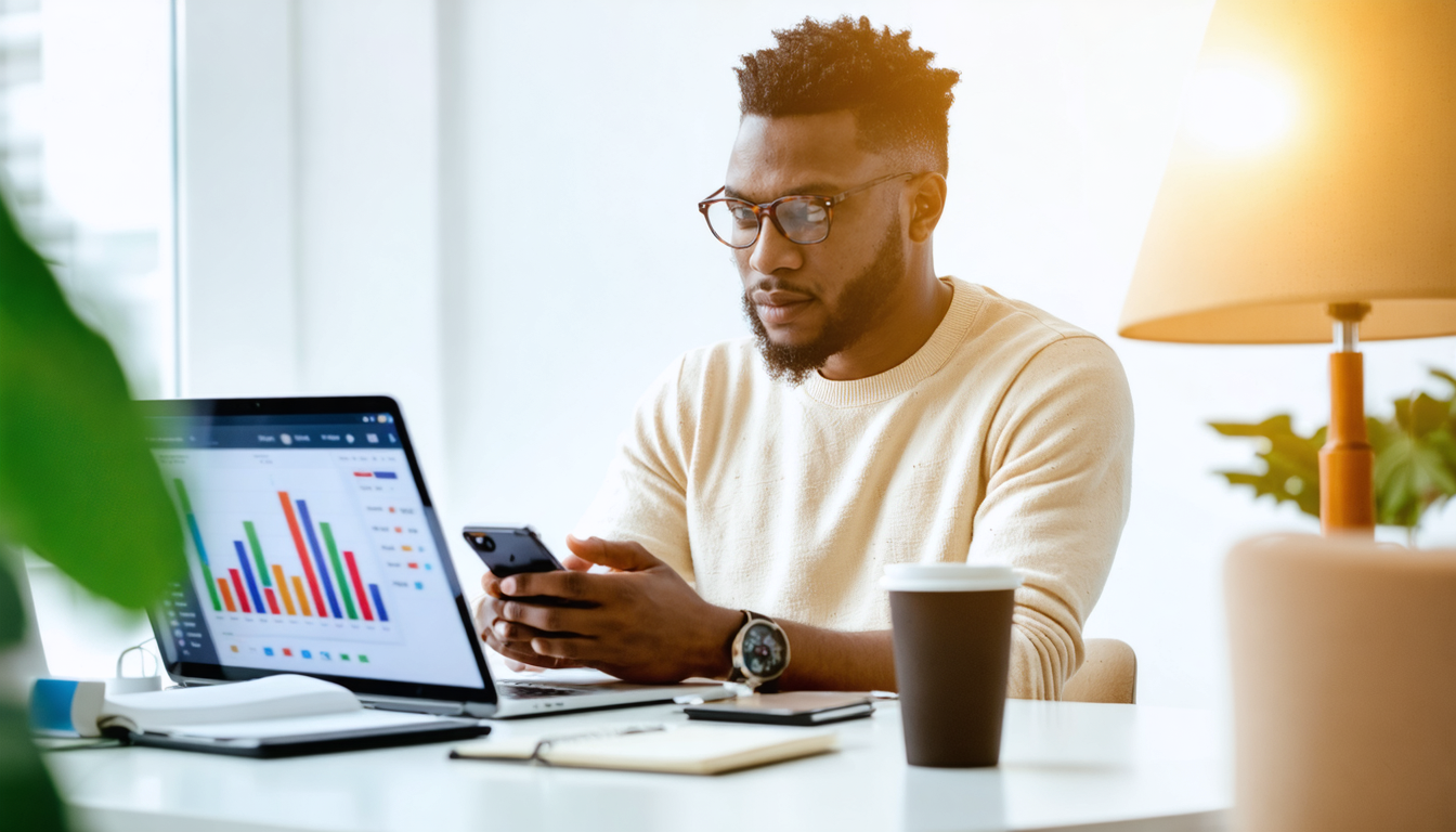 Freelancer reviewing account security on a smartphone at a modern workspace