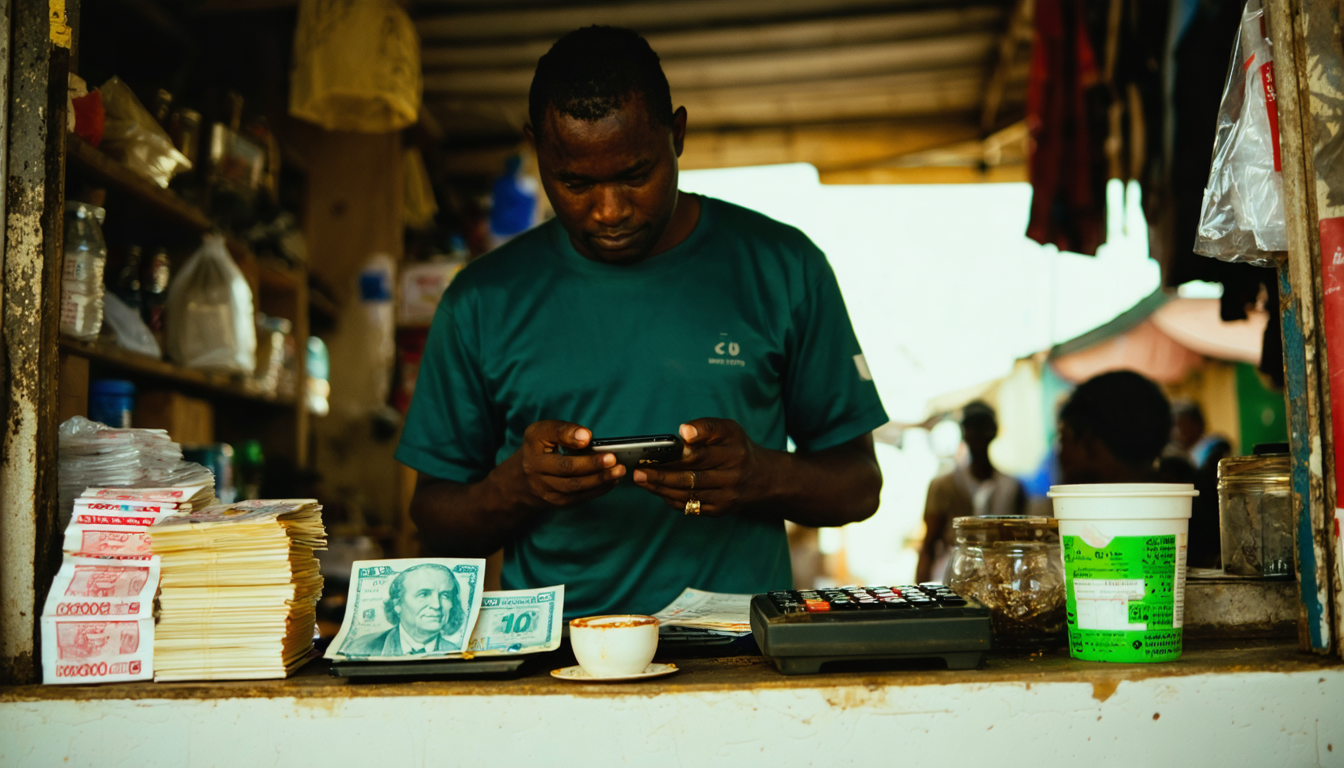 Shop owner checking exchange rates on phone at market counter in afternoon light