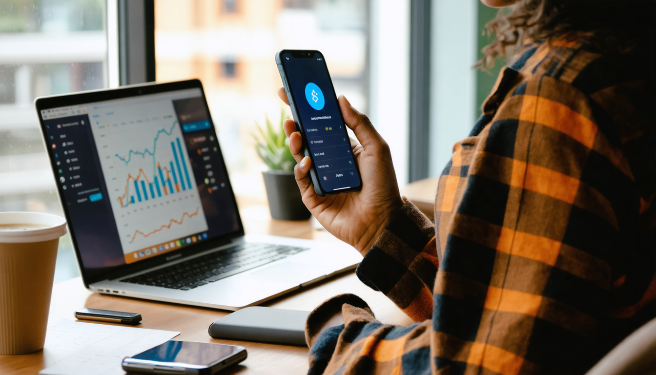 Freelancer reviewing stablecoin payment options on smartphone at co-working space