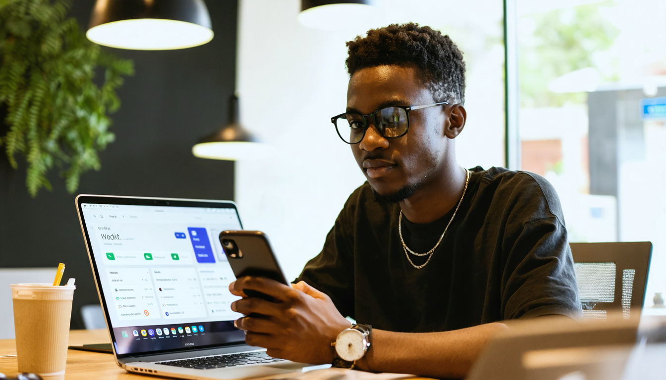 Freelancer checking mobile banking app on phone at desk with laptop nearby