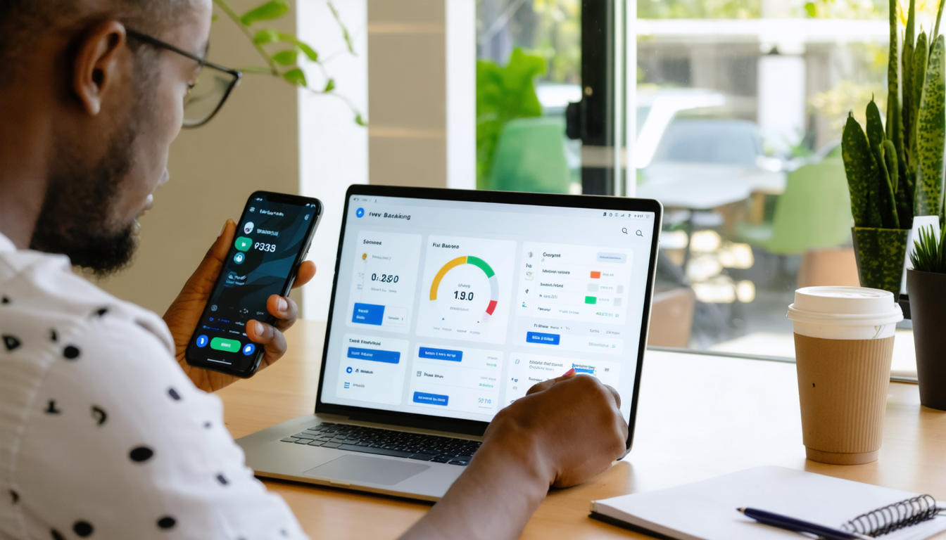 Freelancer reviewing financial app on phone at Lagos co-working desk, afternoon light