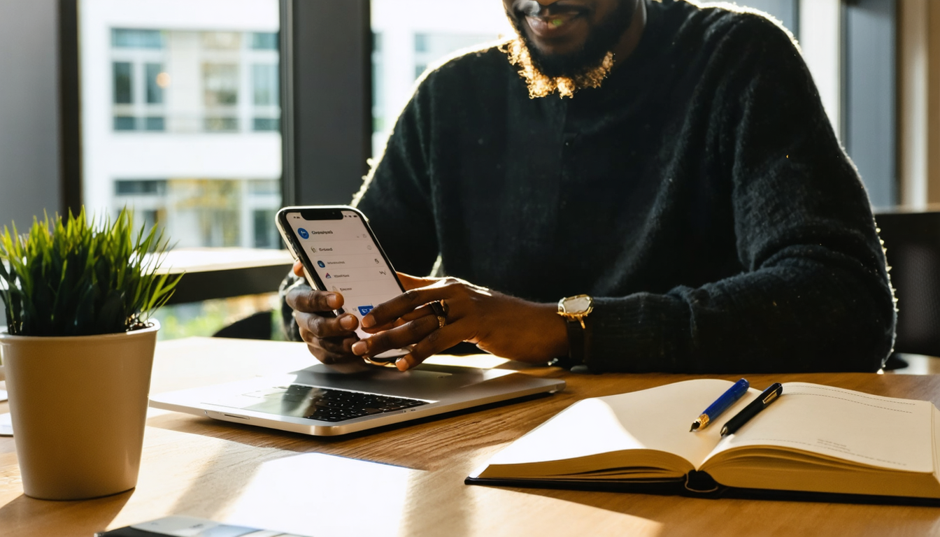 Freelancer checking banking app on smartphone at co-working space desk