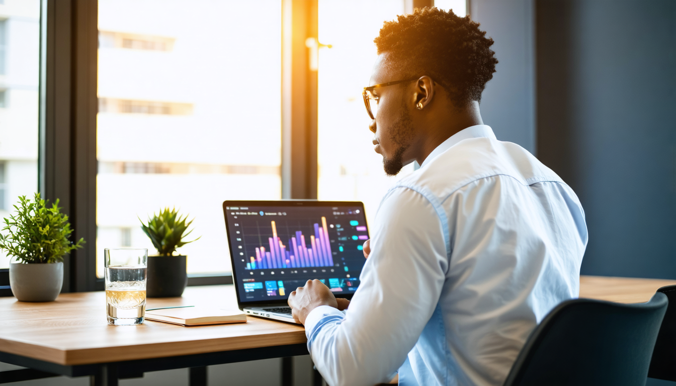 African startup founder at a sunlit Lagos office desk reviewing finances.