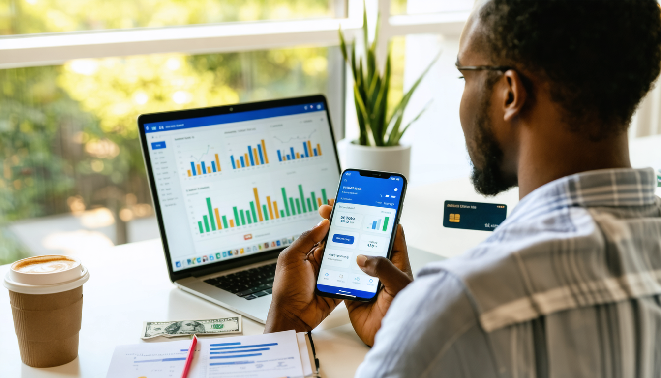 Freelancer reviewing dollar wallet and banking dashboard on laptop and phone in Lagos co-working space