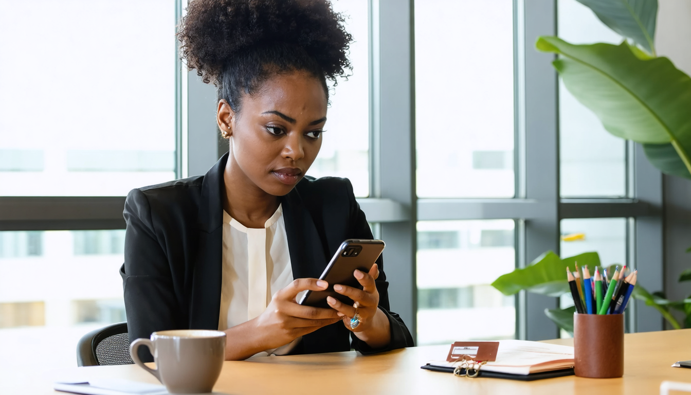 Woman reviewing banking app on phone at office desk with concerned expression