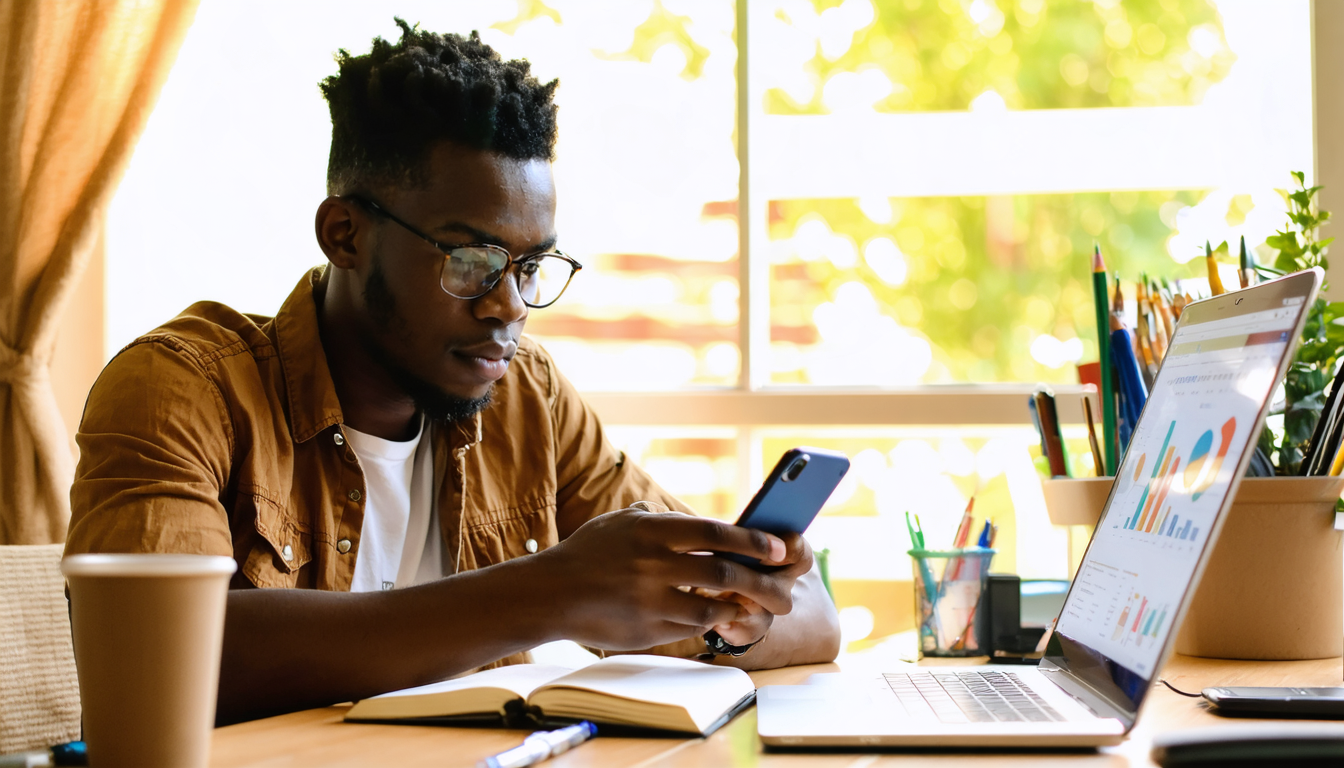 Freelancer reviewing loan terms on phone at desk in afternoon light