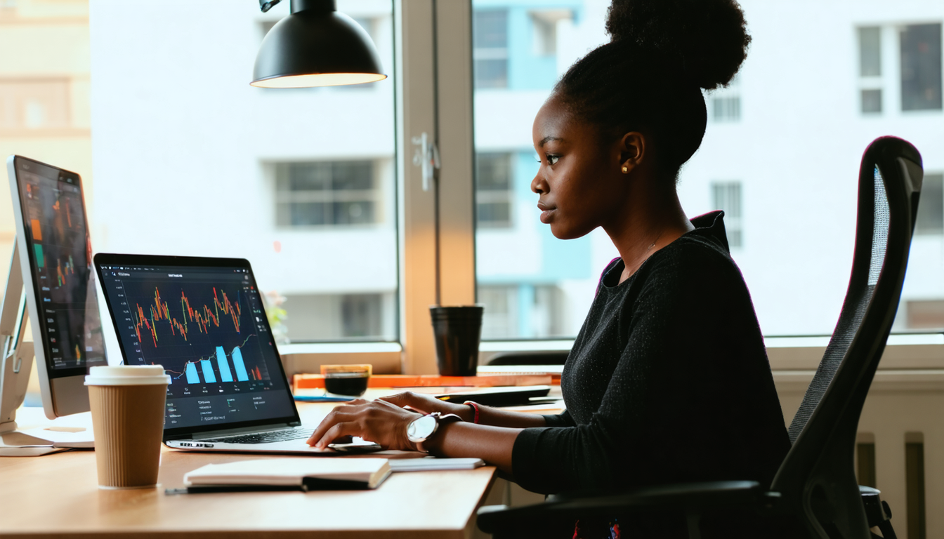 Fintech worker reviewing financial data on laptop and phone in bright modern office
