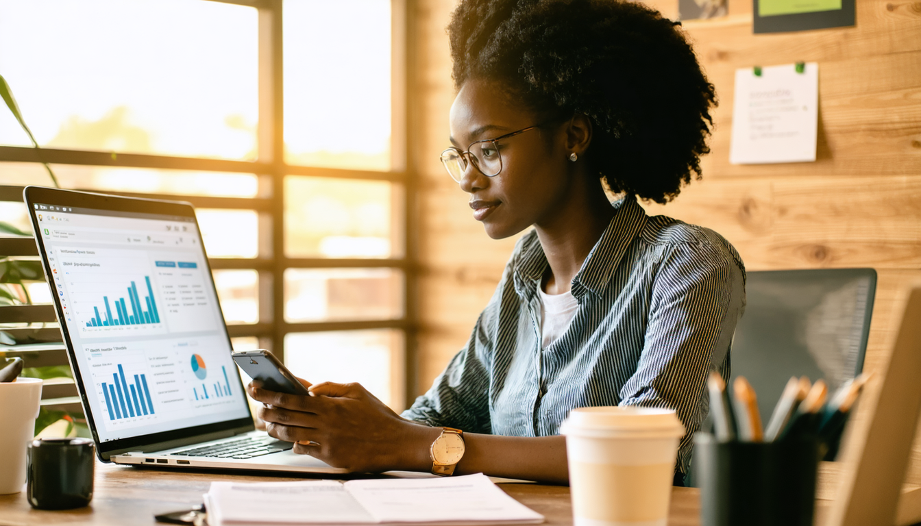 Kenyan woman checking exchange rates on her phone while reviewing education payment details at her desk