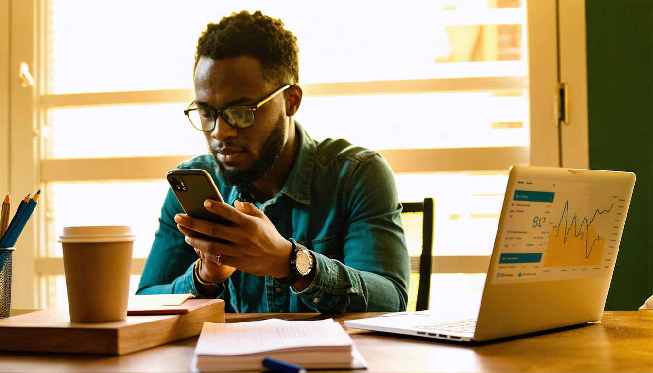 A Kenyan professional reviewing remittance rates and dollar transfers on their smartphone in natural afternoon light