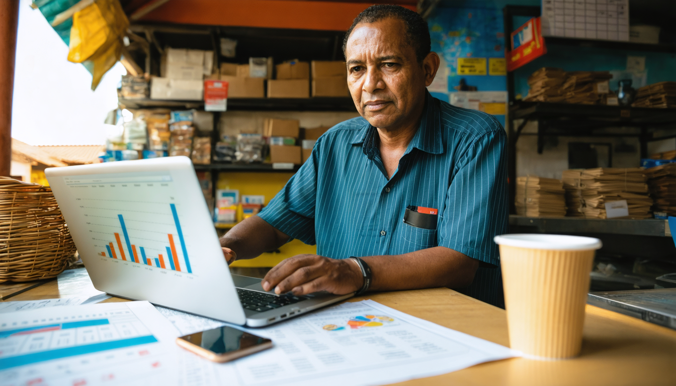 Kenyan trader reviewing currency rates on a laptop at a desk in afternoon light