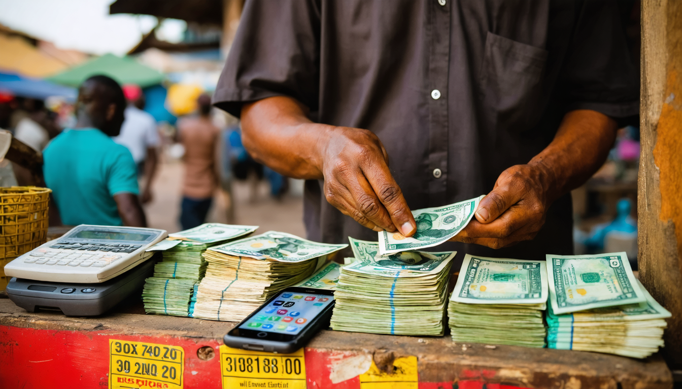 Market trader counting cash at a Lagos stall with smartphone and receipts visible