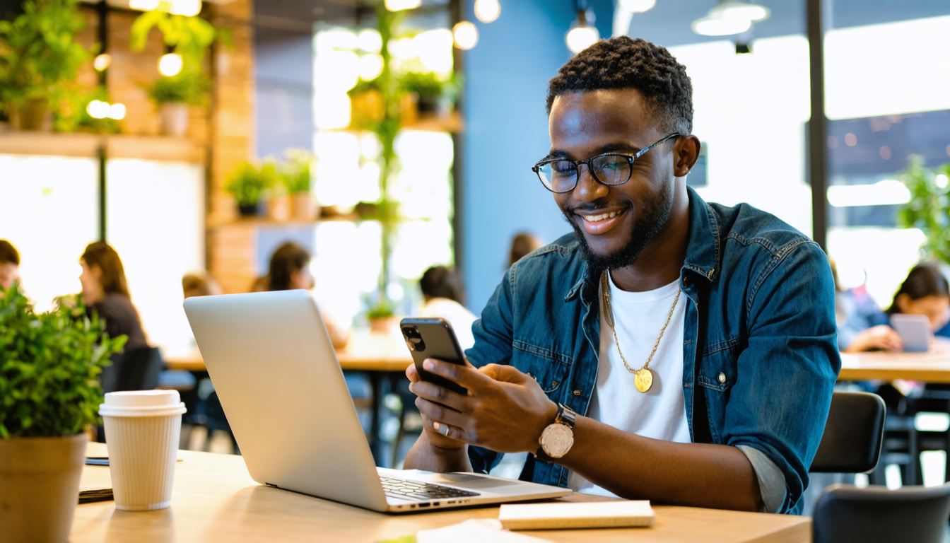 Freelancer reviewing remittance notification on phone in Lagos co-working space