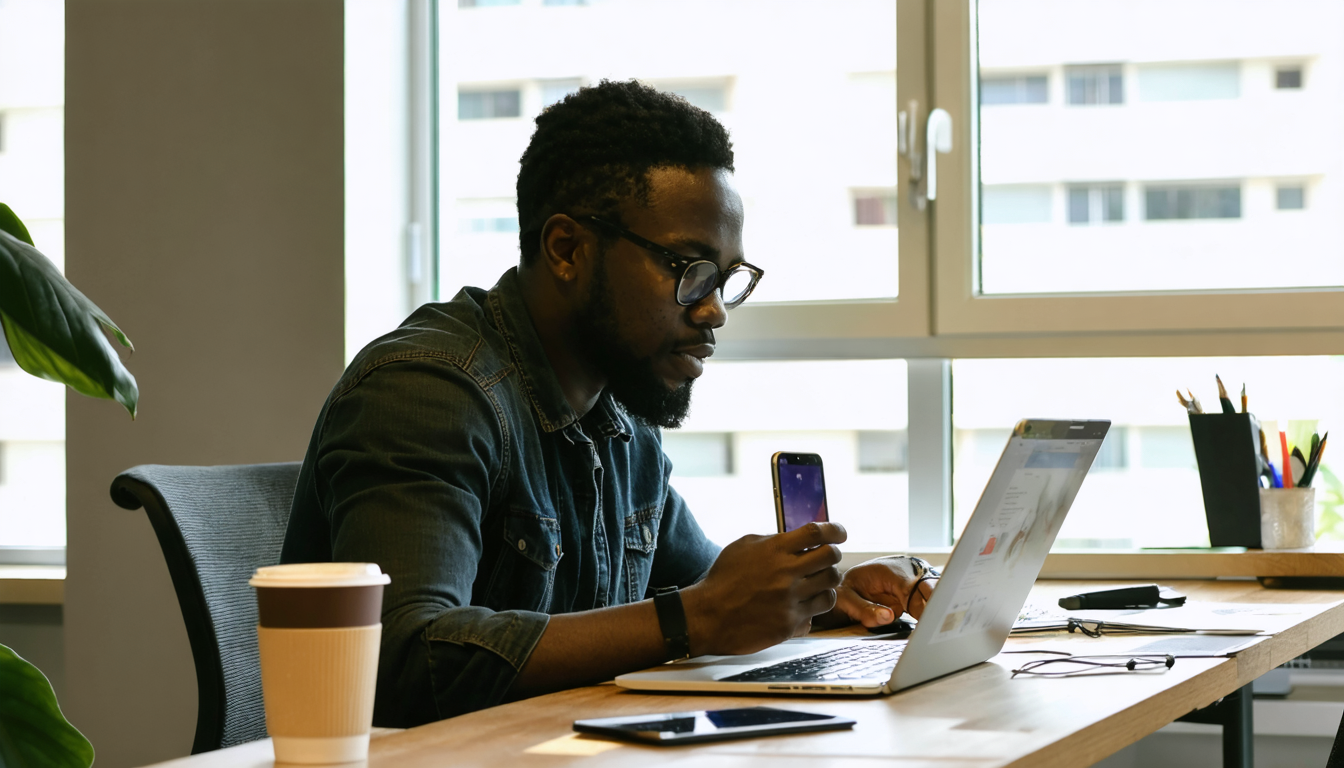 Freelancer reviewing fintech options on phone in Lagos co-working space