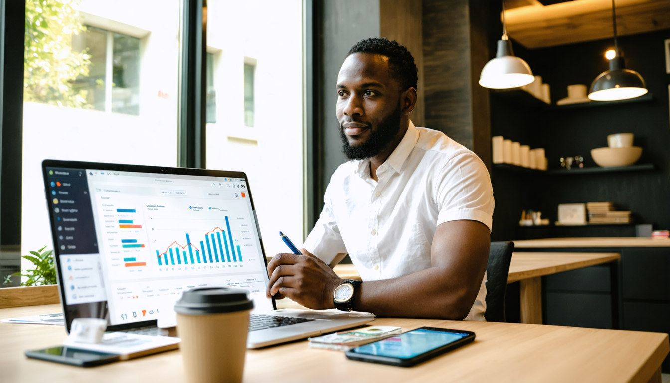 Business owner reviewing inflation costs on a laptop in a bright Lagos office