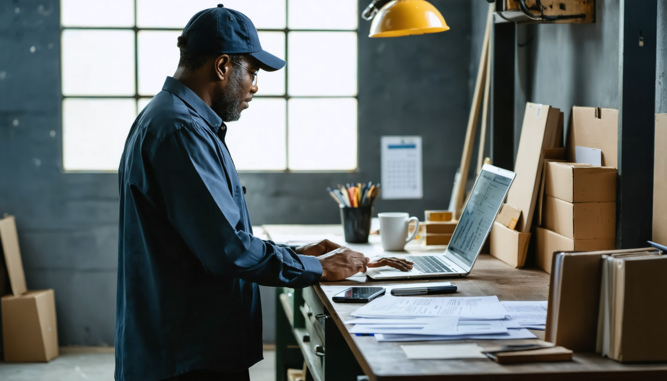 Factory owner reviewing finances at a desk, concerned about high borrowing costs