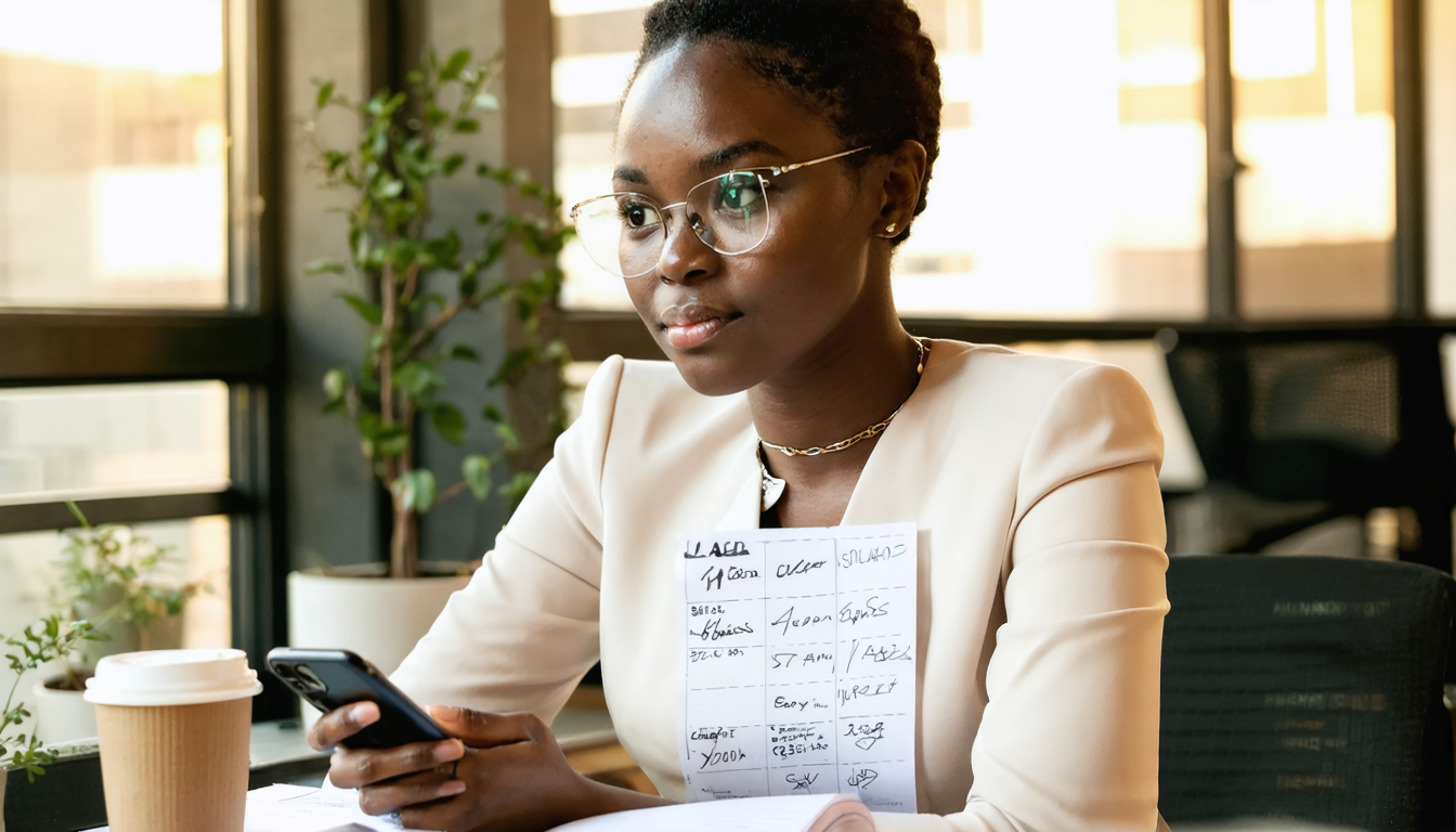Freelancer reviewing banking options on phone at Lagos co-working desk