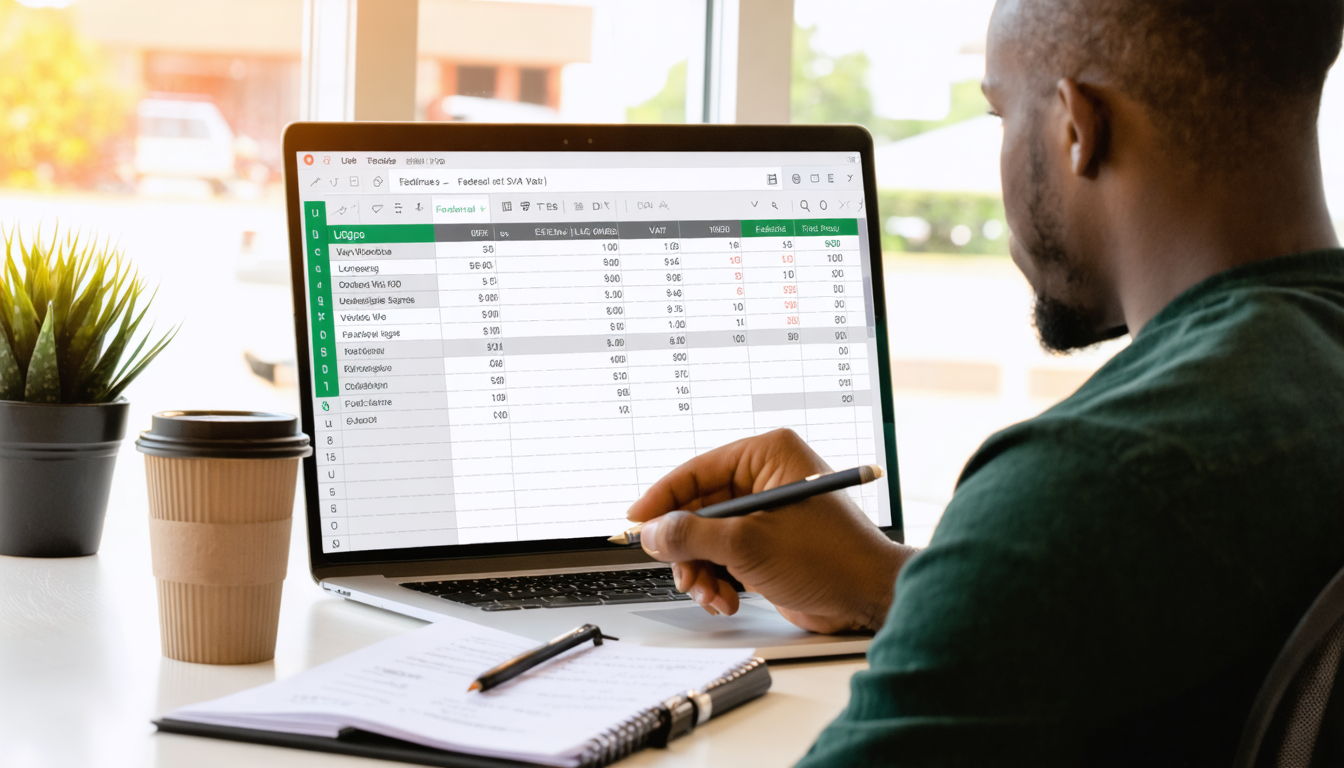 Freelancer reviewing tax documents and USD wallet balance at a Lagos co-working desk