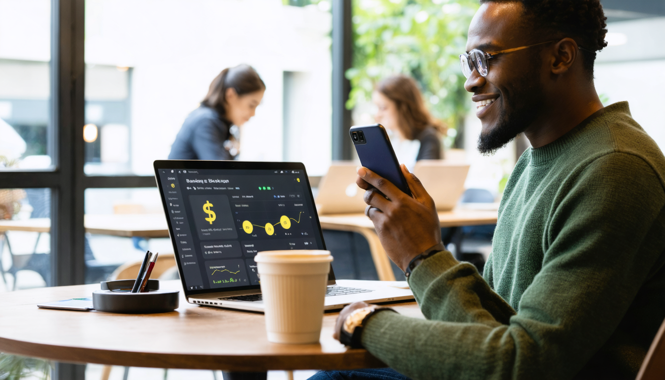 Freelancer checking dollar balance on phone in Lagos cafe, adapted to digital banking