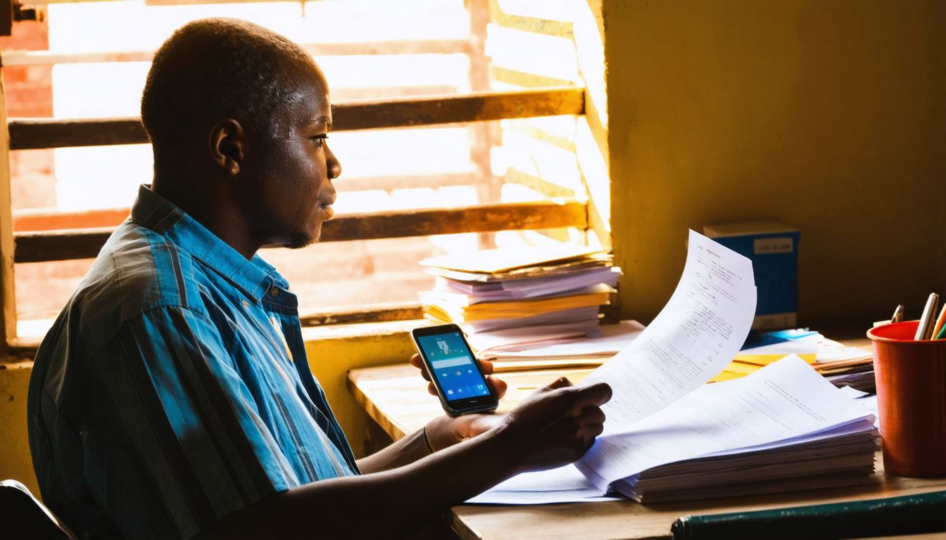 Nigerian business owner reviewing loan documents in afternoon light, contemplating borrowing costs.