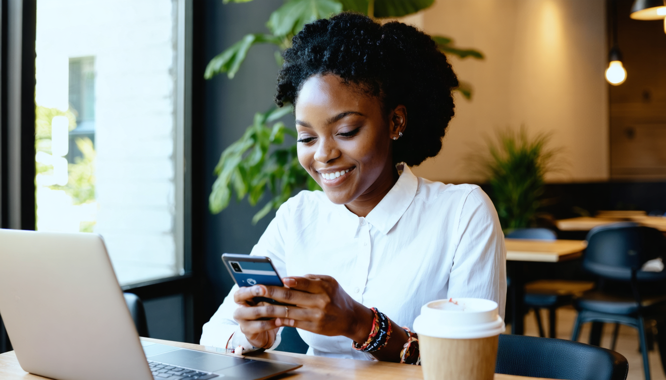 Nigerian freelancer checking her card limit on a banking app at a co-working desk
