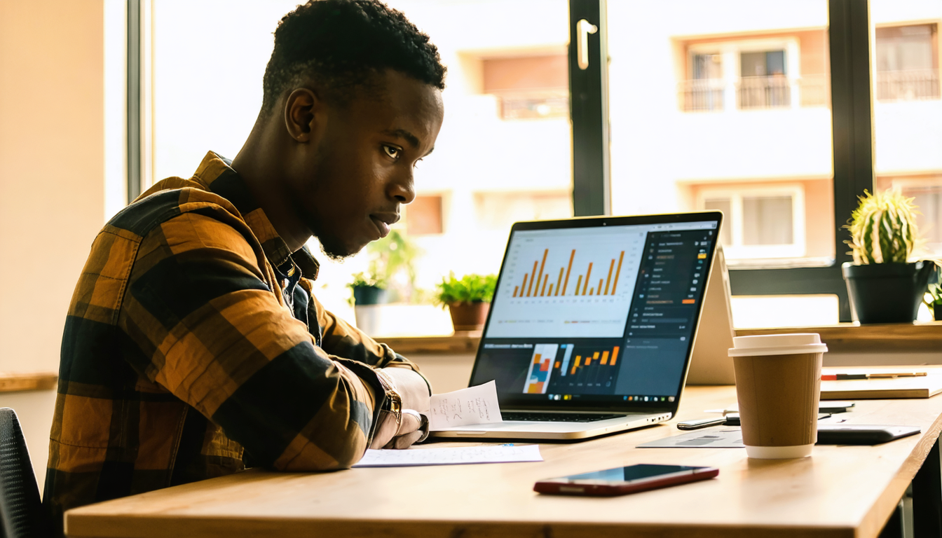 Freelancer reviewing banking charts on laptop amid high lending rates