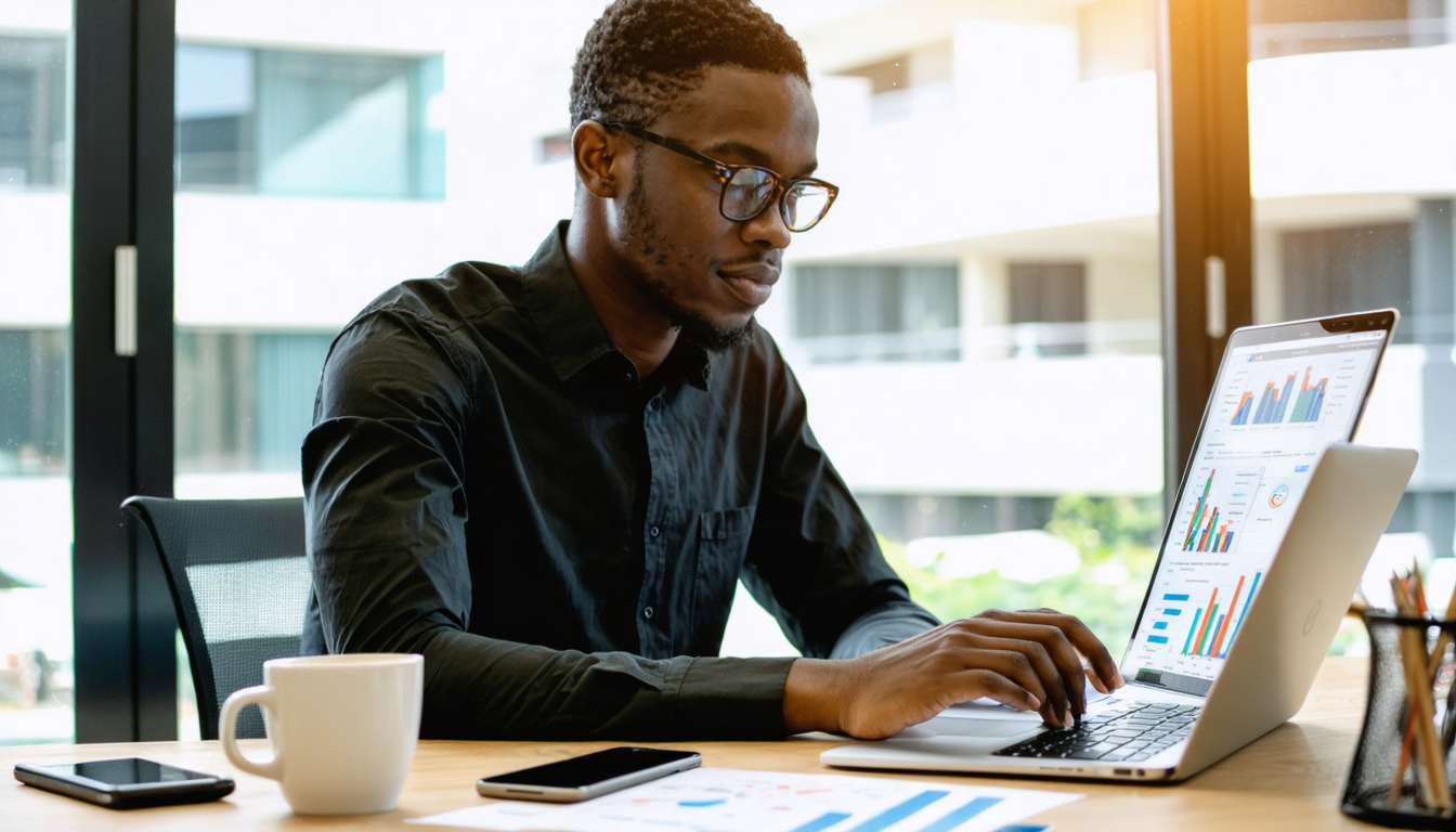 Fintech founder reviewing compliance documents and financial dashboards at a Lagos co-working space in afternoon light
