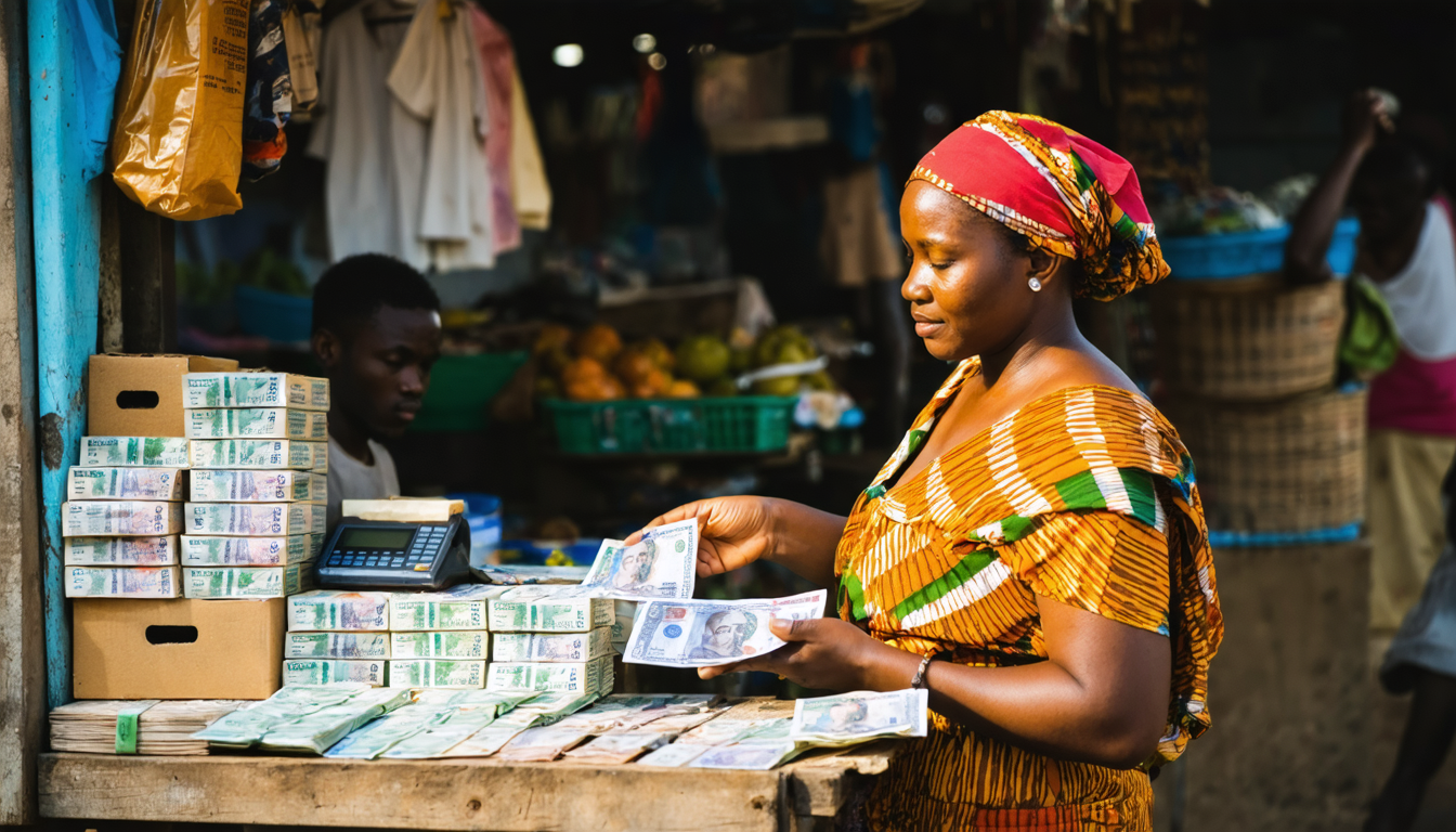 Trader counting naira notes at a Lagos market stall in afternoon light