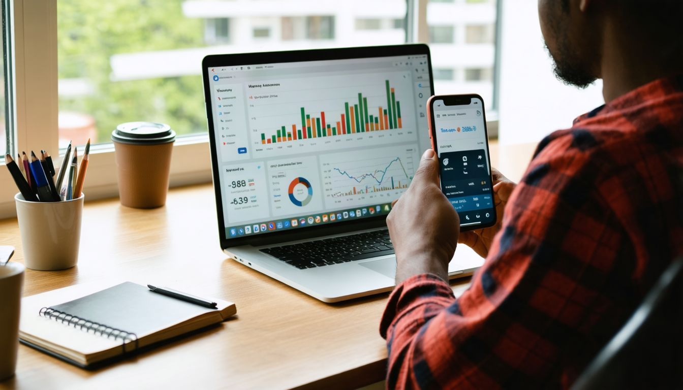 Freelancer reviewing FX rates on laptop in bright office, hand on smartphone, afternoon light