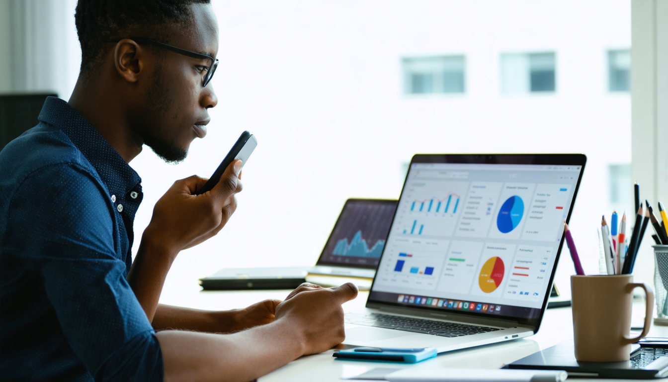 Freelancer reviewing exchange rates on phone in Lagos home office