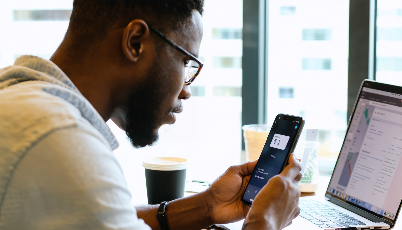Freelancer reviewing USD wallet balance on smartphone in Lagos co-working space