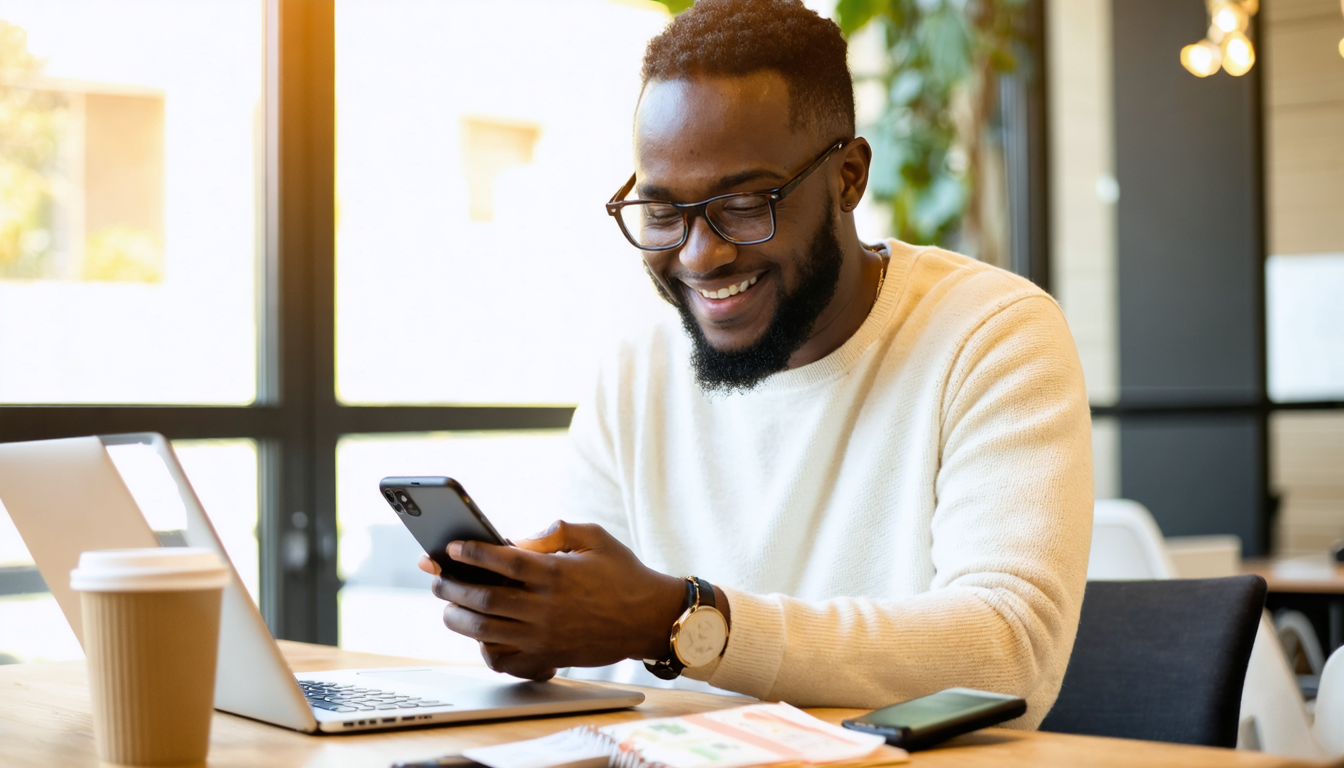 Freelancer checking a fast dollar transfer on their phone at a co-working desk in Lagos